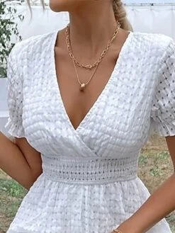 Women's Casual Dress White Dress Plaid Dress Midi Dress Patchwork Button Outdoor Home Daily Fashion Elegant V Neck Short Sleeve 2023 Regular Fit White Color XXL Size -Casual Print Dress Sales hqsgam1689849673427