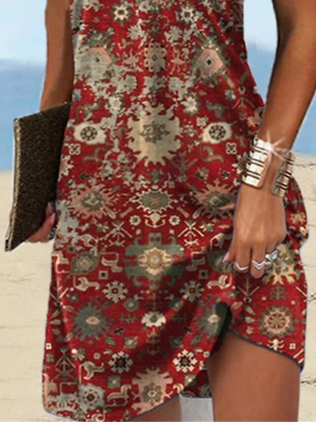 Women's Casual Dress Ethnic Dress Summer Dress Floral Tribal Print Strap Mini Dress Basic Ethnic Daily Going Out Sleeveless Loose Fit Wine Summer Spring S M L XL XXL 3 Women's Casual Dress Ethnic Dress Summer Dress Floral Tribal Print Strap Mini Dress Basic Ethnic Daily Going Out Sleeveless Loose Fit Wine Summer Spring S M L XL XXL - Image 3