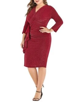 Women‘s Plus Size Curve Work Dress Sheath Dress Semi Formal Dress Fashion Midi Dress Ruffle V Neck Long Sleeve Plain Regular Fit Black Wine Fall Winter XL XXL 3XL 4XL 5XL -Casual Print Dress Sales hrqpmx1691401477819