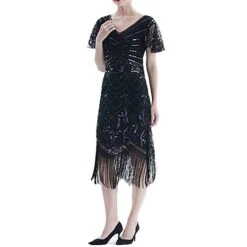 Women's Retro 1920s Fringe Dress Midi Dress Party Halloween Sequins Tassel Fringe Floral V Neck Short Sleeve Regular Fit Spring Fall 2023 Black Red S M L XL -Casual Print Dress Sales hrtjmz1692849725014