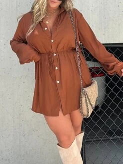 Women's Shirt Dress Casual Dress Mini Dress Outdoor Daily Date Polyester Fashion Casual Shirt Collar Lace Up Button Long Sleeve Fall Winter 2023 Loose Fit ArmyGreen Black Wine Pure Color S M L XL 2XL -Casual Print Dress Sales hskxpl1695644798271