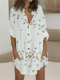 Women's Shirt Dress Casual Dress Shift Dress Mini Dress Daily Vacation Polyester Fashion Modern V Neck Button Pocket Half Sleeve Summer Spring Fall 2023 Loose Fit White Butterfly S M L XL 2XL