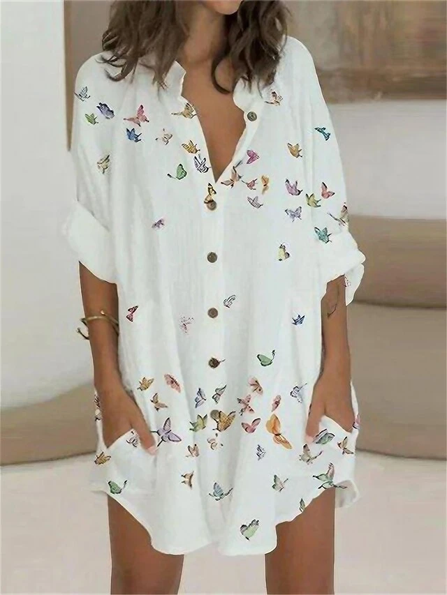 Women's Shirt Dress Casual Dress Shift Dress Mini Dress Daily Vacation Polyester Fashion Modern V Neck Button Pocket Half Sleeve Summer Spring Fall 2023 Loose Fit White Butterfly S M L XL 2XL 1 Women's Shirt Dress Casual Dress Shift Dress Mini Dress Daily Vacation Polyester Fashion Modern V Neck Button Pocket Half Sleeve Summer Spring Fall 2023 Loose Fit White Butterfly S M L XL 2XL