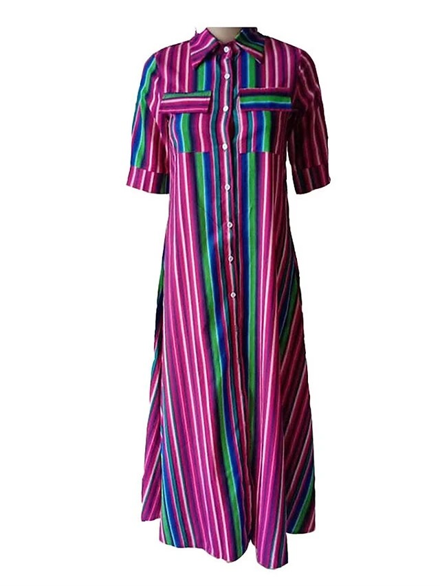 Women's Shirt Dress Casual Dress Swing Dress Maxi Long Dress Outdoor Daily Vacation Polyester Basic Casual Shirt Collar Pocket Split Half Sleeve Summer Spring 2023 Loose Fit Red Blue Purple Striped S 2 Women's Shirt Dress Casual Dress Swing Dress Maxi Long Dress Outdoor Daily Vacation Polyester Basic Casual Shirt Collar Pocket Split Half Sleeve Summer Spring 2023 Loose Fit Red Blue Purple Striped S - Image 2