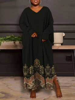 Women's Plus Size Curve Casual Dress Sweatshirt Dress Winter Dress Floral Gradient Long Dress Maxi Dress Long Sleeve Split Print V Neck Fashion Outdoor Black White Fall Winter L XL XXL 3XL 4XL