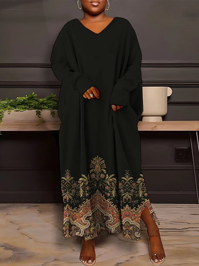 Women's Plus Size Curve Casual Dress Sweatshirt Dress Winter Dress Floral Gradient Long Dress Maxi Dress Long Sleeve Split Print V Neck Fashion Outdoor Black White Fall Winter L XL XXL 3XL 4XL 1 Women's Plus Size Curve Casual Dress Sweatshirt Dress Winter Dress Floral Gradient Long Dress Maxi Dress Long Sleeve Split Print V Neck Fashion Outdoor Black White Fall Winter L XL XXL 3XL 4XL