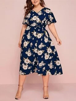 Women‘s Plus Size Curve Casual Dress A Line Dress Floral Dress Floral Midi Dress Short Sleeve Print V Neck Fashion Daily Black White Spring Summer L XL XXL 3XL -Casual Print Dress Sales htrerz1672800356837