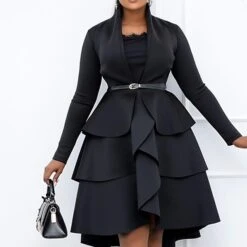 Women‘s Plus Size Curve Party Dress Solid Color Square Neck Ruffle Long Sleeve Winter Fall Basic Casual Prom Dress Midi Dress Work Daily Dress Black Dress Homecoming Dress -Casual Print Dress Sales htvoma1639121478385