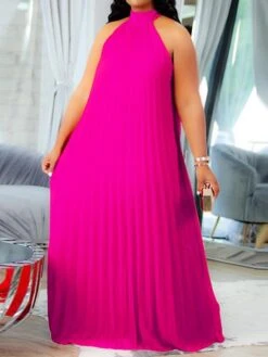 Women's Plus Size Curve Shift Dress Solid Color Halter Neck Ruched Sleeveless Spring Summer Basic Maxi Long Dress Casual Daily Dress -Casual Print Dress Sales huhmap1654676763364