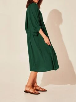 Women's Shirt Dress Casual Dress Midi Dress Outdoor Daily Date Cotton Basic Classic V Neck Ruched Long Sleeve Fall Winter 2023 Loose Fit Black Green Apricot Pure Color S M L XL -Casual Print Dress Sales hvdufg1695096318148