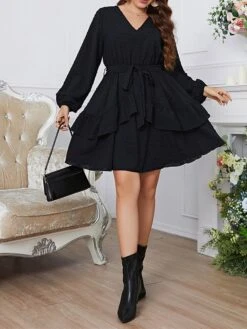 Women's Plus Size Party Dress Cocktail Dress Swing Dress Mini Dress Black Long Sleeve Pure Color Lace Up Spring Fall Winter V Neck Fashion Winter Dress Birthday Wedding Guest 2023 XL XXL 3XL 4XL -Casual Print Dress Sales hvgziy1692343046587