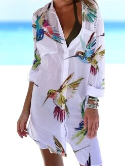 Women‘s Shirt Dress Cover Up Beach Dress Beach Wear Mini Dress Pocket Print Fashion Casual Floral Turndown 3/4 Length Sleeve Loose Fit Outdoor Daily White Yellow 2023 Spring Summer S M L XL -Casual Print Dress Sales hvlawl1675938180291