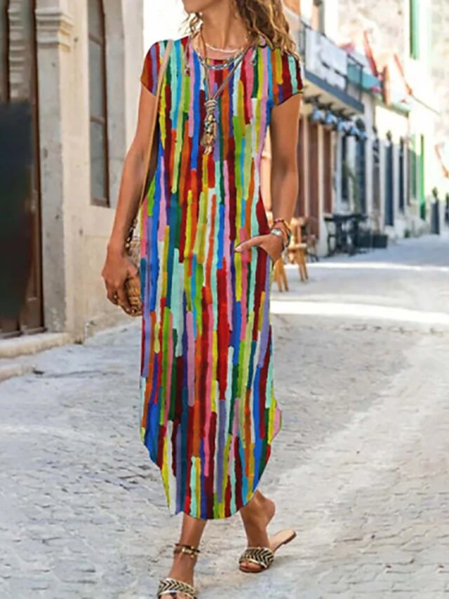 Women's Casual Dress Shift Dress Summer Dress Geometric Color Block Pocket Split Crew Neck Long Dress Maxi Dress Fashion Streetwear Outdoor Daily Short Sleeve Regular Fit Red Navy Blue Blue Summer 5 Women's Casual Dress Shift Dress Summer Dress Geometric Color Block Pocket Split Crew Neck Long Dress Maxi Dress Fashion Streetwear Outdoor Daily Short Sleeve Regular Fit Red Navy Blue Blue Summer - Image 5