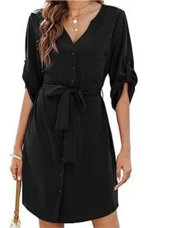 Women's Shirt Dress Casual Dress Work Dress Mini Dress Office Business Daily Polyester Fashion Classic V Neck Button Rolled Cuff 3/4 Length Sleeve Summer Spring Fall 2023 Regular Fit Green Plain S-3XL