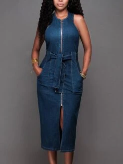 Women's Denim Dress Bodycon Sheath Dress Maxi Long Dress Denim Stylish Casual Daily Vacation Going Out Crew Neck Lace Up Zipper Sleeveless Summer Spring Fall 2023 Slim Blue Pure Color S M L XL