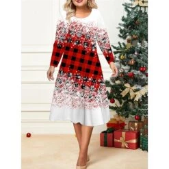 Women's Christmas Plus Size Curve Casual Dress Skater Dress A Line Dress Plaid Snowflake Midi Dress Long Sleeve Print Crew Neck Fashion Outdoor White Wine Fall Winter L XL XXL 3XL 4XL -Casual Print Dress Sales hwwmez1695640739928