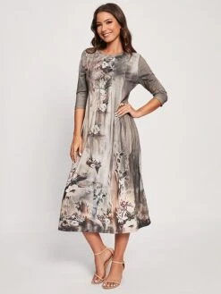 Women's Casual Dress Summer Dress Print Dress Floral Ruched Print Crew Neck Midi Dress Active Fashion Outdoor Daily 3/4 Length Sleeve Regular Fit Dark Green Purple Fuchsia Summer Spring S M L XL XXL -Casual Print Dress Sales hxrvss1695874292709