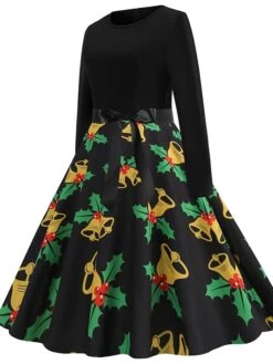 Women's Christmas Casual Dress Swing Dress Vintage Dress Midi Dress Green Blue Light Red Long Sleeve Santa Claus Bow Winter Fall Autumn V Neck Slim 2022 S M L XL XXL 3XL -Casual Print Dress Sales hxxznx1666776947404