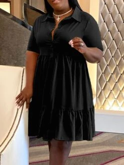 Women‘s Plus Size Curve Shirt Dress Solid Color Shirt Collar Ruffle Half Sleeve Spring Summer Casual Knee Length Dress Daily Holiday Dress -Casual Print Dress Sales hxybcx1656491036297