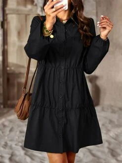 Women's Shirt Dress Casual Dress Maxi Long Dress Outdoor Daily Date Polyester Fashion Basic Shirt Collar Ruched Button Long Sleeve Spring Fall Winter 2023 Loose Fit Black Blue Purple Pure Color S M L -Casual Print Dress Sales hybhzy1695195744909