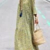 Women's Long Dress Maxi Dress Casual Dress Print Dress Spring Dress Print Fashion Casual Daily Holiday Vacation Ruched Print 3/4 Length Sleeve V Neck Dress Loose Fit Yellow Summer Spring S M L XL XXL