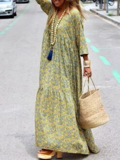 Women's Long Dress Maxi Dress Casual Dress Print Dress Spring Dress Print Fashion Casual Daily Holiday Vacation Ruched Print 3/4 Length Sleeve V Neck Dress Loose Fit Yellow Summer Spring S M L XL XXL