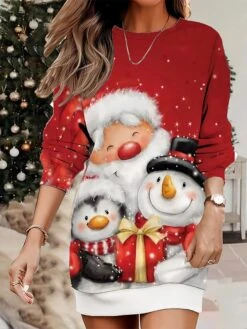 Women's Christmas Casual Dress Sweatshirt Dress Mini Dress Warm Fashion Outdoor Vacation Crew Neck Print Santa Claus Snowman Loose Fit White Wine Rusty Red S M L XL XXL -Casual Print Dress Sales hzcuhz1695365440674