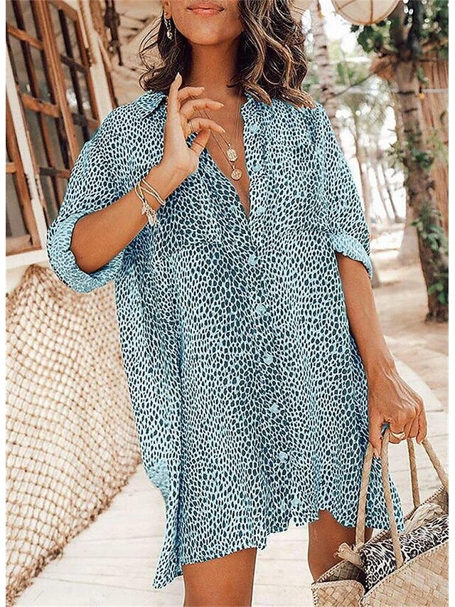 Women's Shirt Dress Short Mini Dress Light Blue Long Sleeve Leopard Button Spring Summer Shirt Collar Stylish Casual Sexy Lantern Sleeve Boom Sale Dress XXL 6 Women's Shirt Dress Short Mini Dress Light Blue Long Sleeve Leopard Button Spring Summer Shirt Collar Stylish Casual Sexy Lantern Sleeve Boom Sale Dress XXL - Image 6