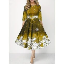 Women's Christmas Skater Dress Print DressMidi Dress Green Purple Dark Red Dark Blue Black 3/4 Length Sleeve Print Snowflake Patchwork Print Fall Winter Crew Neck Fashion Party 2022 S M L XL 2XL 3XL -Casual Print Dress Sales hzsfph1667293699013