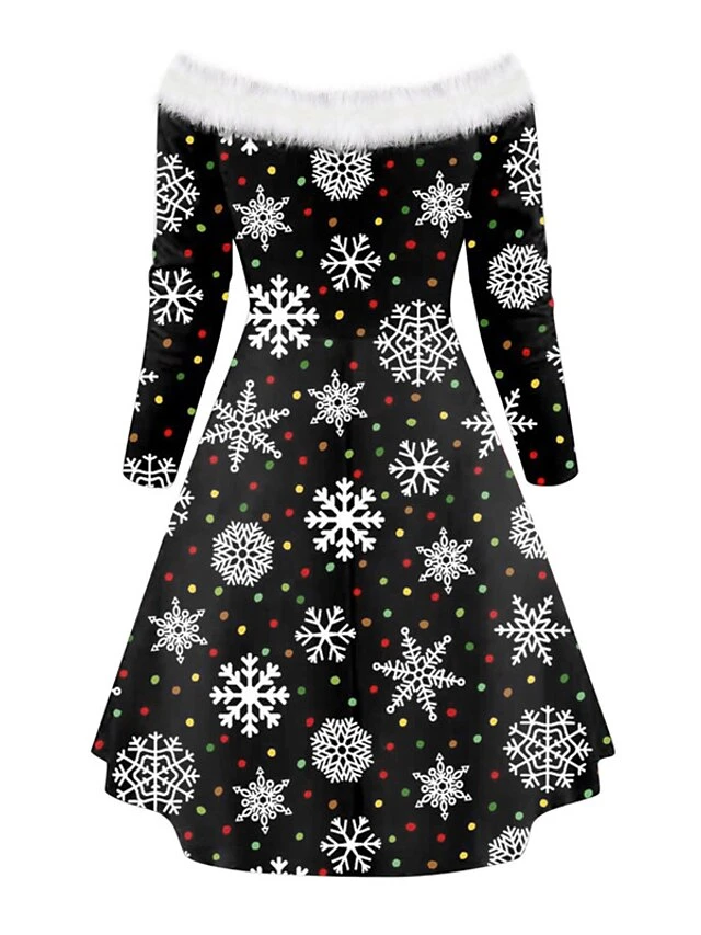 Women's Christmas Swing Dress Vintage Dress Mini Dress Green Blue Royal Blue Red White Black Long Sleeve Santa Claus Snowman Snowflake Feather Print Winter Fall Off Shoulder Stylish Elegant 2 Women's Christmas Swing Dress Vintage Dress Mini Dress Green Blue Royal Blue Red White Black Long Sleeve Santa Claus Snowman Snowflake Feather Print Winter Fall Off Shoulder Stylish Elegant - Image 2