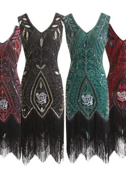Women's Retro 1920s Fringe Dress Midi Dress Party Halloween Sequins Tassel Fringe Leaf V Neck Sleeveless Regular Fit Spring Fall 2023 Black Wine S M L XL