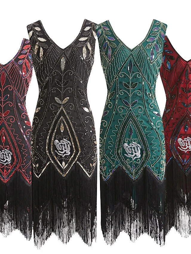 Women's Retro 1920s Fringe Dress Midi Dress Party Halloween Sequins Tassel Fringe Leaf V Neck Sleeveless Regular Fit Spring Fall 2023 Black Wine S M L XL 1 Women's Retro 1920s Fringe Dress Midi Dress Party Halloween Sequins Tassel Fringe Leaf V Neck Sleeveless Regular Fit Spring Fall 2023 Black Wine S M L XL