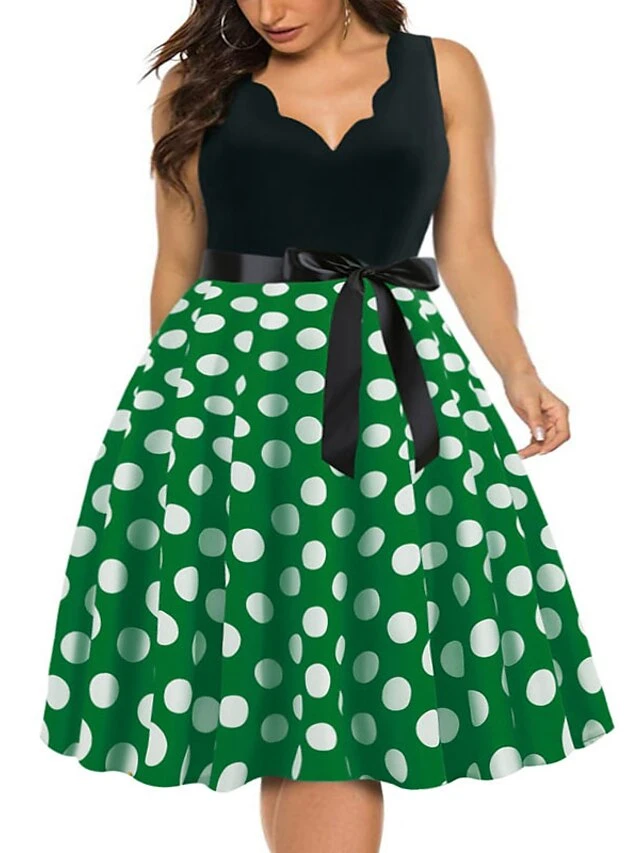 Women's Plus Size Curve Party Dress Polka Dot V Neck Bow Sleeveless Fall Spring Vintage 1950s Elegant Knee Length Dress Formal Party Dress 4 Women's Plus Size Curve Party Dress Polka Dot V Neck Bow Sleeveless Fall Spring Vintage 1950s Elegant Knee Length Dress Formal Party Dress - Image 4