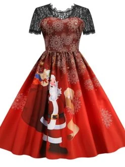 Women's Christmas Knee Length Dress Blue Purple Wine Green Black Red Short Sleeve Print Lace Print Fall Winter Round Neck CasualRegular Fit 2021 S M L XL XXL 3XL -Casual Print Dress Sales ibjrqe1632737574564