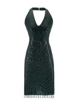 Women's Retro 1920s Sequin Dress Mini Dress Party Halloween Sequins Patchwork Floral Halter Neck Sleeveless Regular Fit Spring Fall 2023 Black Green S M L XL -Casual Print Dress Sales ibllyi1693212153618