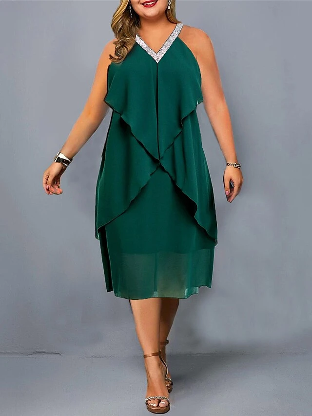 Women‘s Plus Size Curve Casual Dress Chiffon Dress Halter Neck Dress Plain Midi Dress Sleeveless Patchwork Layered Halter Fashion Outdoor Red Green Summer Spring L XL XXL 3XL 4XL 2 Women‘s Plus Size Curve Casual Dress Chiffon Dress Halter Neck Dress Plain Midi Dress Sleeveless Patchwork Layered Halter Fashion Outdoor Red Green Summer Spring L XL XXL 3XL 4XL - Image 2