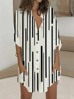 Women's Shirt Dress Casual Dress Shift Dress Mini Dress Outdoor Daily Vacation Polyester Fashion Basic Stand Collar Button Pocket Long Sleeve Summer Spring Fall 2023 Regular Fit Black White Striped S
