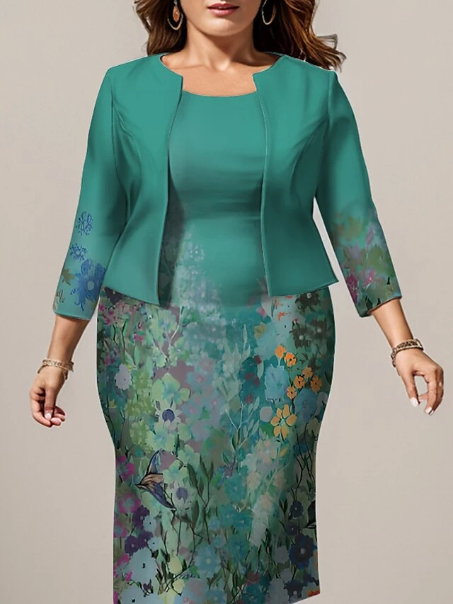 Women's Plus Size Curve Casual Dress Dress Set Two Piece Dress Floral Midi Dress Long Sleeve Print Crew Neck Fashion Outdoor Blue Fall Winter L XL XXL 3XL 4XL 2 Women's Plus Size Curve Casual Dress Dress Set Two Piece Dress Floral Midi Dress Long Sleeve Print Crew Neck Fashion Outdoor Blue Fall Winter L XL XXL 3XL 4XL - Image 2