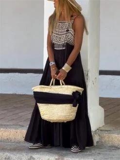 Women's Casual Dress Swing Dress Summer Dress Geometric Color Block Print Strap Long Dress Maxi Dress Fashion Streetwear Outdoor Daily Sleeveless Loose Fit Black Summer Spring S M L XL XXL