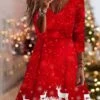 Women's Christmas Swing Dress Vintage Dress Mini Dress Wine Light Red Dark Blue Long Sleeve Deer Patchwork Winter Fall Autumn V Neck Vacation 2022 S M L XL XXL 3XL 4XL 5XL 6XL