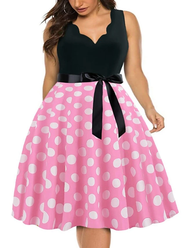 Women's Plus Size Curve Party Dress Polka Dot V Neck Bow Sleeveless Fall Spring Vintage 1950s Elegant Knee Length Dress Formal Party Dress 9 Women's Plus Size Curve Party Dress Polka Dot V Neck Bow Sleeveless Fall Spring Vintage 1950s Elegant Knee Length Dress Formal Party Dress - Image 9