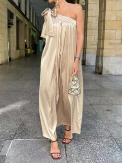 Women's Casual Dress Summer Dress Slip Dress Long Dress Maxi Dress Backless Bow Daily Date Going Out Fashion Basic One Shoulder Sleeveless 2023 Loose Fit Champagne Color S M L XL XXL Size