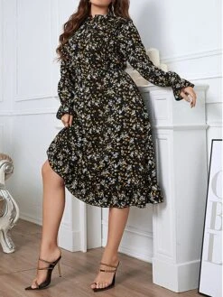 Women's Plus Size Party Dress Wedding Guest Dress Black Dress Midi Dress Black Long Sleeve Flower Print Spring Fall Winter High Neck Fashion Winter Dress Evening Party Wedding Guest 2023 XL XXL 3XL -Casual Print Dress Sales icwnax1693535289570