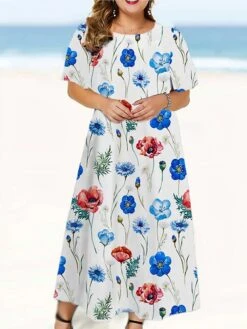 Women‘s Plus Size Curve Casual Dress Floral Long Dress Maxi Dress Short Sleeve Print Crew Neck Fashion Outdoor White Royal Blue Spring Summer L XL XXL 3XL 4XL