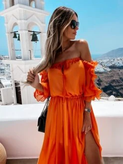 Women's Casual Dress Swing Dress Long Dress Maxi Dress Orange Green 3/4 Length Sleeve Pure Color Ruffle Summer Spring Off Shoulder Casual 2023 S M L XL -Casual Print Dress Sales ieboan1646211871702