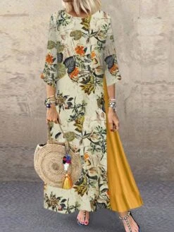 Women's Plus Size Holiday Dress Floral Crew Neck Print 3/4 Length Sleeve Fall Spring Casual Maxi Long Dress Causal Daily Dress / Linen -Casual Print Dress Sales ieuqia1631504232178