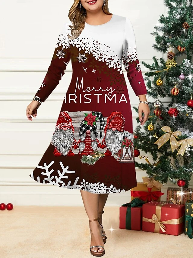 Women's Christmas Plus Size Curve Casual Dress Skater Dress A Line Dress Plaid Snowman Midi Dress Long Sleeve Print Crew Neck Fashion Outdoor Black White Fall Winter L XL XXL 3XL 4XL 2 Women's Christmas Plus Size Curve Casual Dress Skater Dress A Line Dress Plaid Snowman Midi Dress Long Sleeve Print Crew Neck Fashion Outdoor Black White Fall Winter L XL XXL 3XL 4XL - Image 2