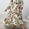 Women's Casual Dress Swing Dress Print Dress Leaf Floral Ruffle Print V Neck Long Dress Maxi Dress Fashion Streetwear Outdoor Daily Long Sleeve Regular Fit Blue Apricot Fall Winter XL XXL 3XL 4XL