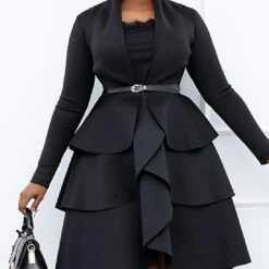 Women‘s Plus Size Curve Party Dress Solid Color Square Neck Ruffle Long Sleeve Winter Fall Basic Casual Prom Dress Midi Dress Work Daily Dress Black Dress Homecoming Dress -Casual Print Dress Sales ifronx1651652218533