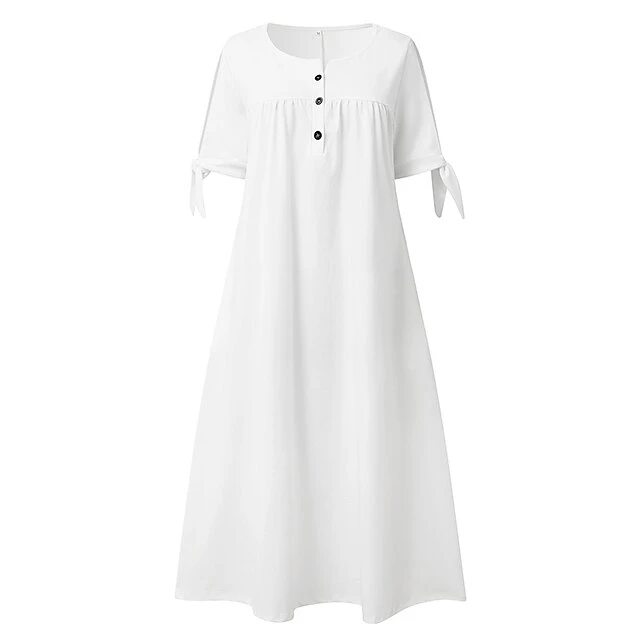 Women's Casual Dress Shift Dress White Dress Midi Dress White Short Sleeve Pure Color Button Summer Spring V Neck Basic Vacation Loose Fit 2023 S M L XL XXL 3XL 2 Women's Casual Dress Shift Dress White Dress Midi Dress White Short Sleeve Pure Color Button Summer Spring V Neck Basic Vacation Loose Fit 2023 S M L XL XXL 3XL - Image 2